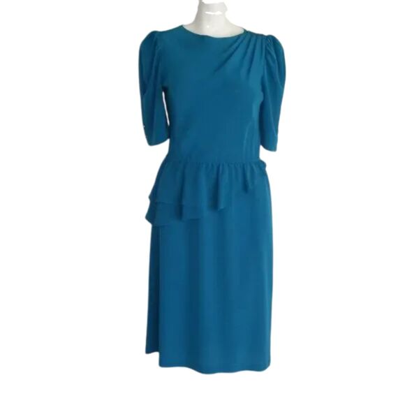 CHARLEE ALLISON Dress, S/XS, Blue, Asym Peplum, Gathered shoulder, VINTAGE - Picture 9 of 11